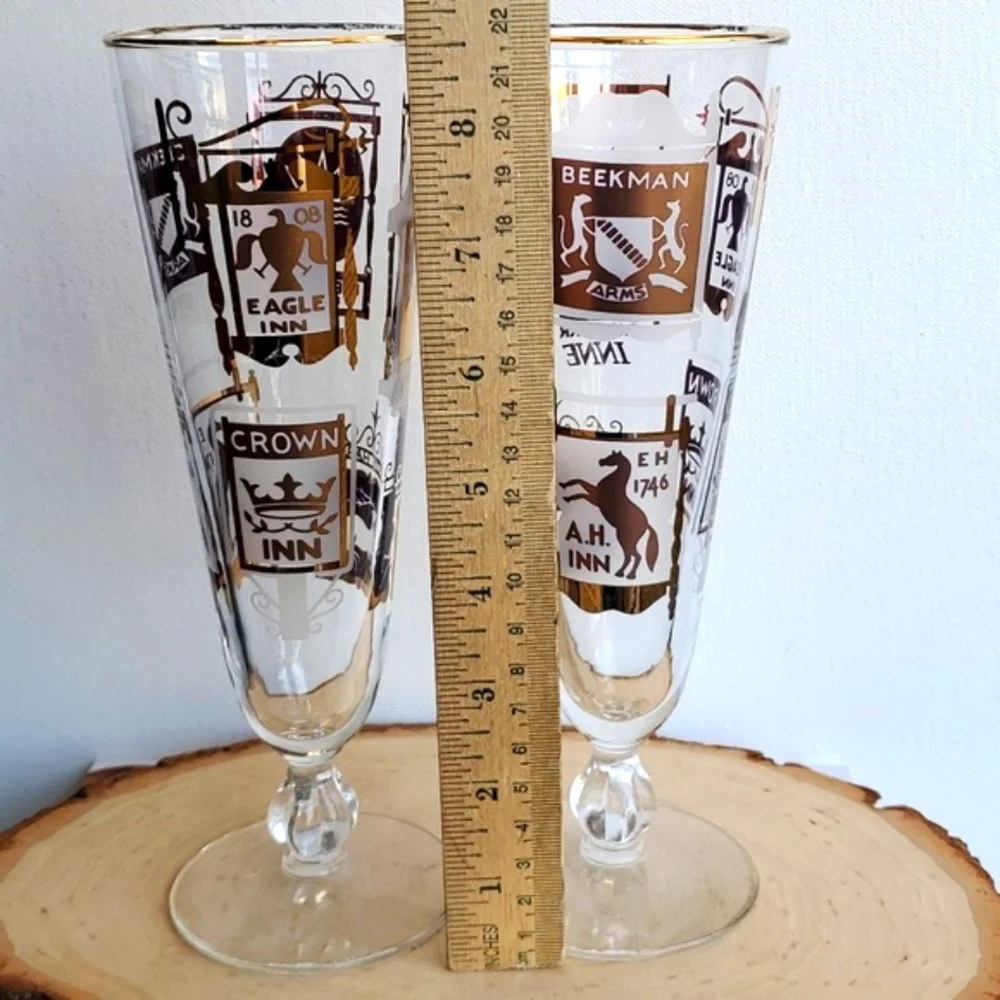 Vintage Libbey Pedastal Beer Glasses Pub and Inns Gold Detail Set of Two